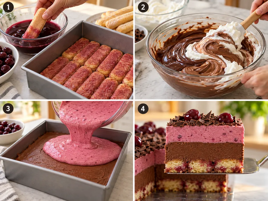 Four steps of making chocolate cherry mousse cake from biscuit base to layered slice