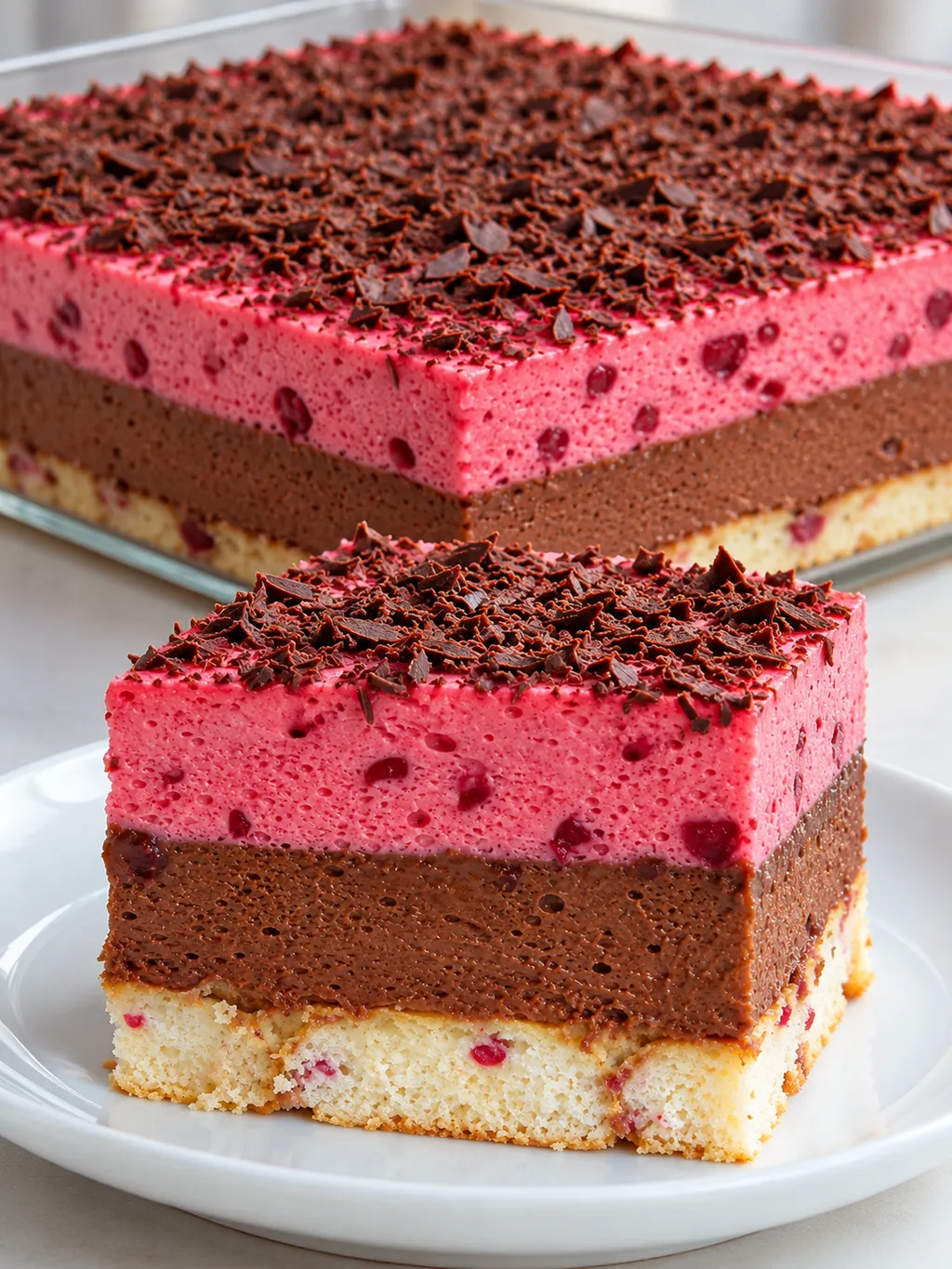Whole pan of chocolate cherry mousse cake behind a sliced square portion on a white plate