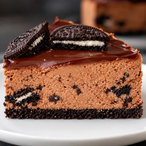 Kawałek czekoladowego sernika z Oreo z błyszczącą polewą i kawałkami ciastek