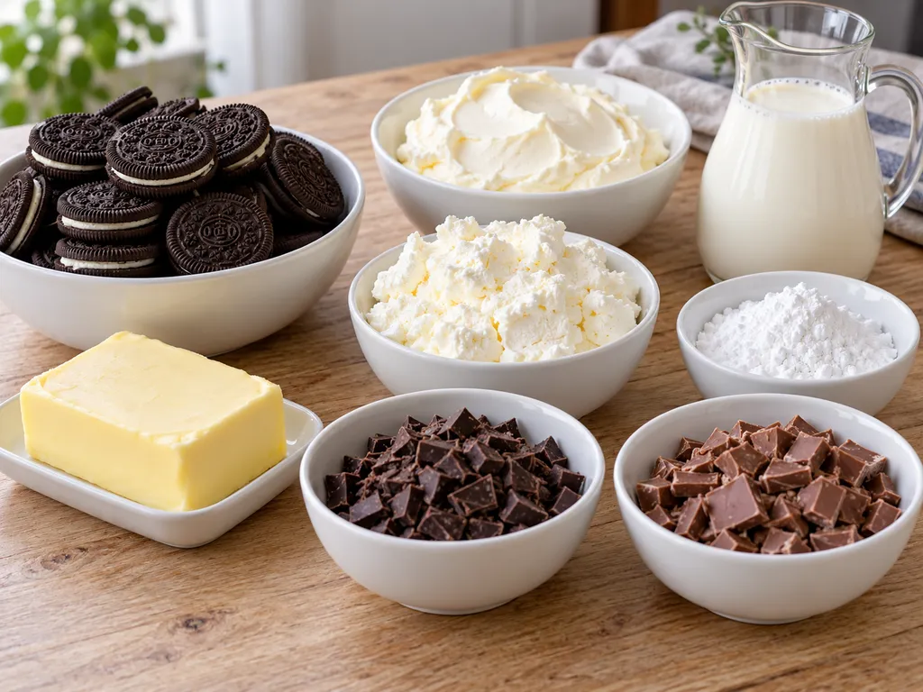 Składniki na sernik czekoladowy z Oreo, w tym twaróg, mascarpone, czekolada i ciastka