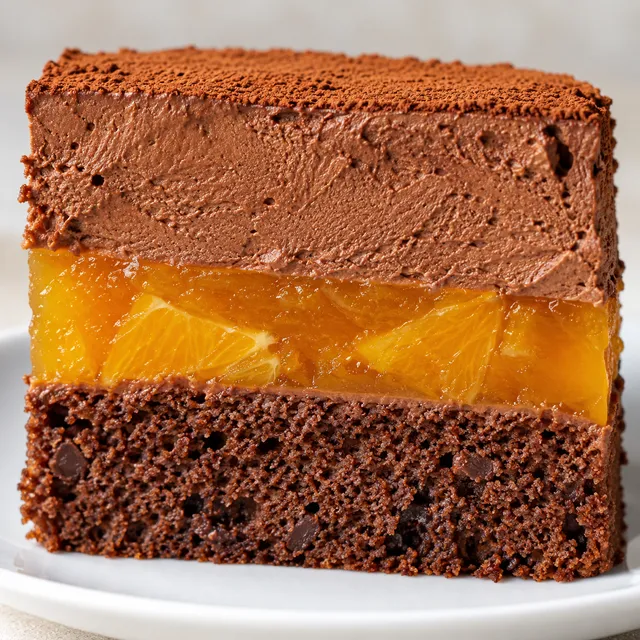 Kawałek podwójnie czekoladowego tortu Delicja z warstwą pomarańczy