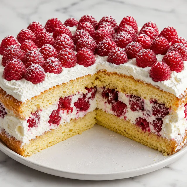 Sliced sponge cake with mascarpone cream and fresh raspberries