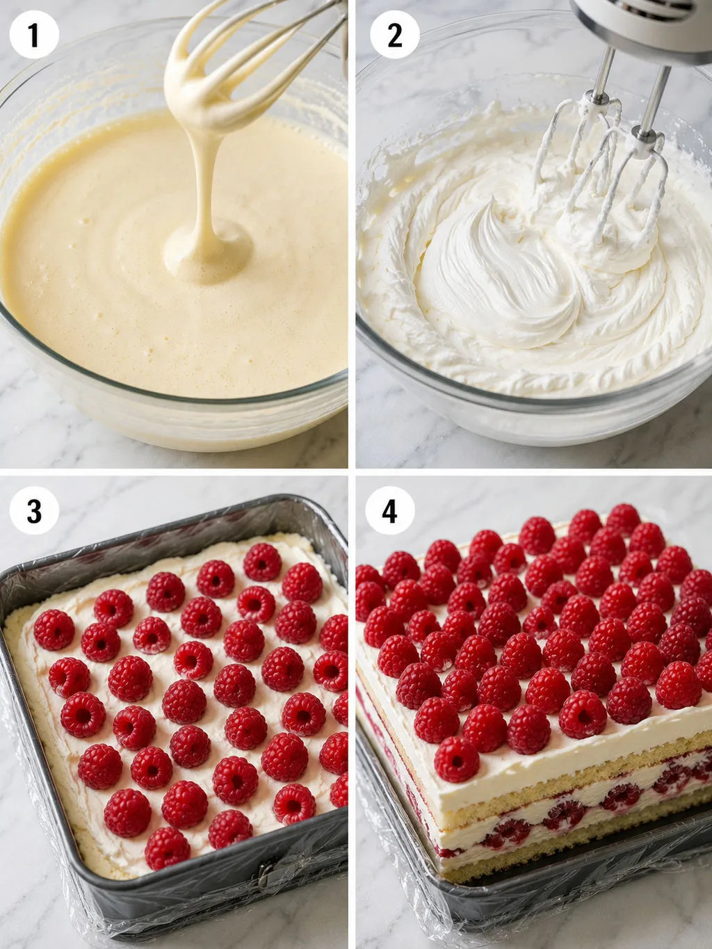 Four steps of making a mascarpone raspberry sponge cake from batter to layering