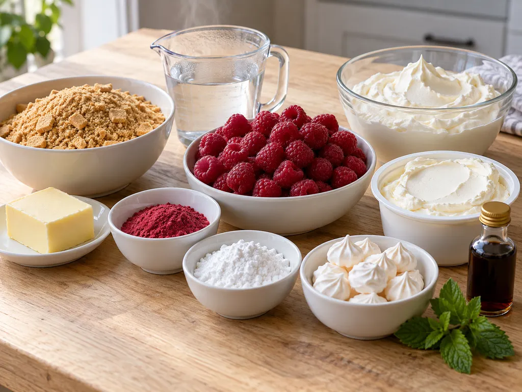 Surowe składniki na malinowy deser bez pieczenia: herbatniki, maliny, mascarpone i śmietana