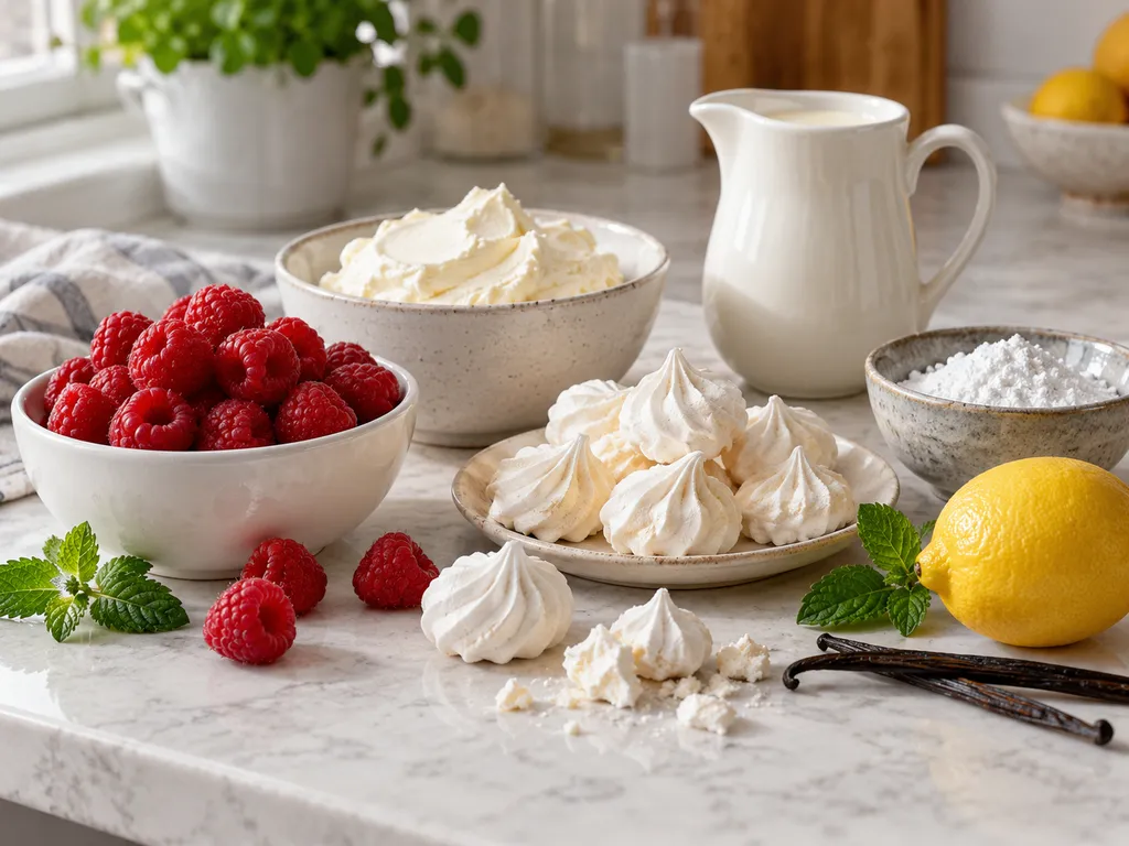 Maliny, bezy, mascarpone i śmietanka przygotowane do deseru