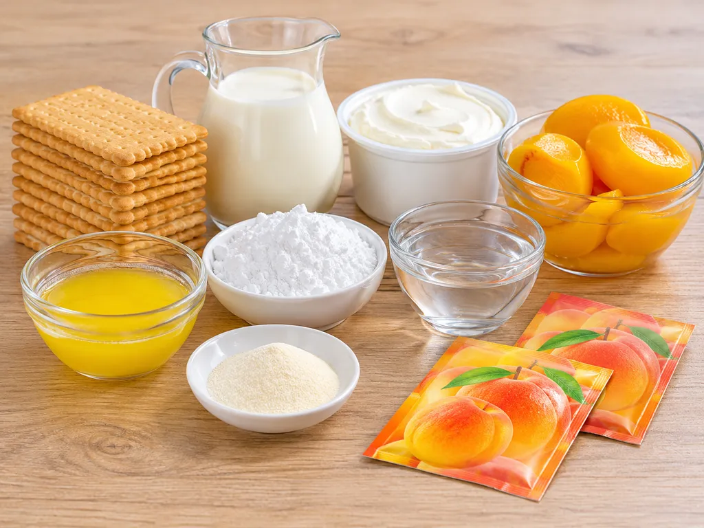 Składniki na deser z mascarpone: herbatniki, śmietana, mascarpone, żelatyna i brzoskwinie