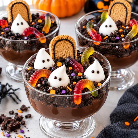 Deser na Halloween w pucharkach z ciastkami, żelkami i duszkami