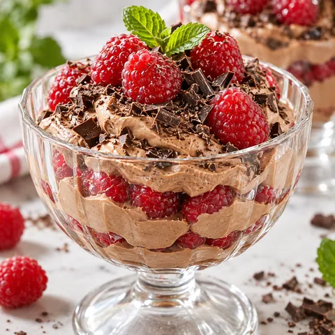 Deser z mascarpone i malinami w szklanym pucharku z czekoladą