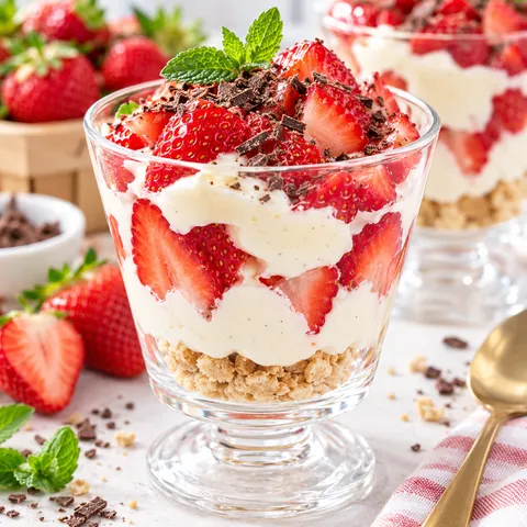 Deser z truskawkami i mascarpone w pucharku z czekoladą i miętą