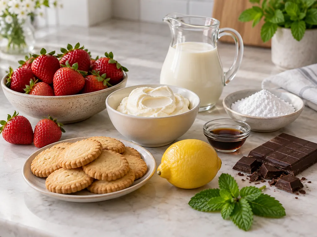 Składniki na deser z truskawkami, mascarpone, śmietanką i herbatnikami