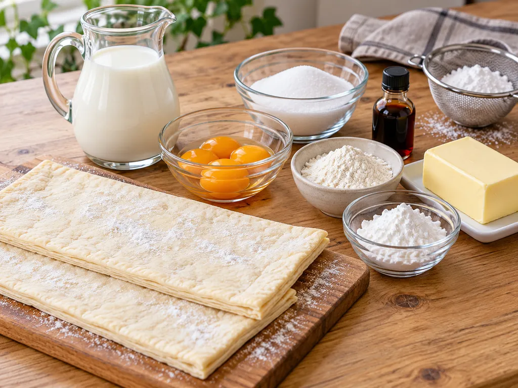 Składniki na szybką kremówkę papieską: ciasto francuskie, mleko, żółtka i masło
