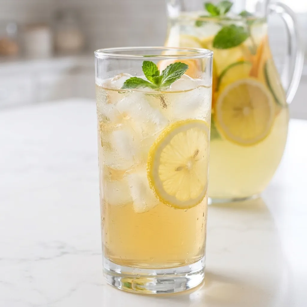 Tall glass of mint lemonade with ice, lemon slice and fresh mint sprig