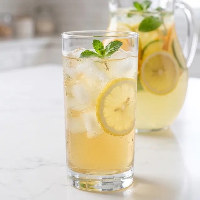 Tall glass of mint lemonade with ice, lemon slice and fresh mint sprig
