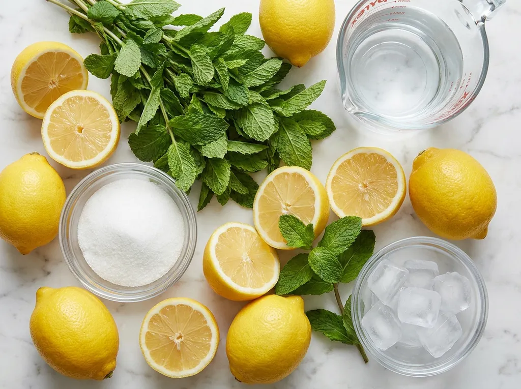 Fresh lemons, mint leaves, sugar and ice for homemade mint lemonade