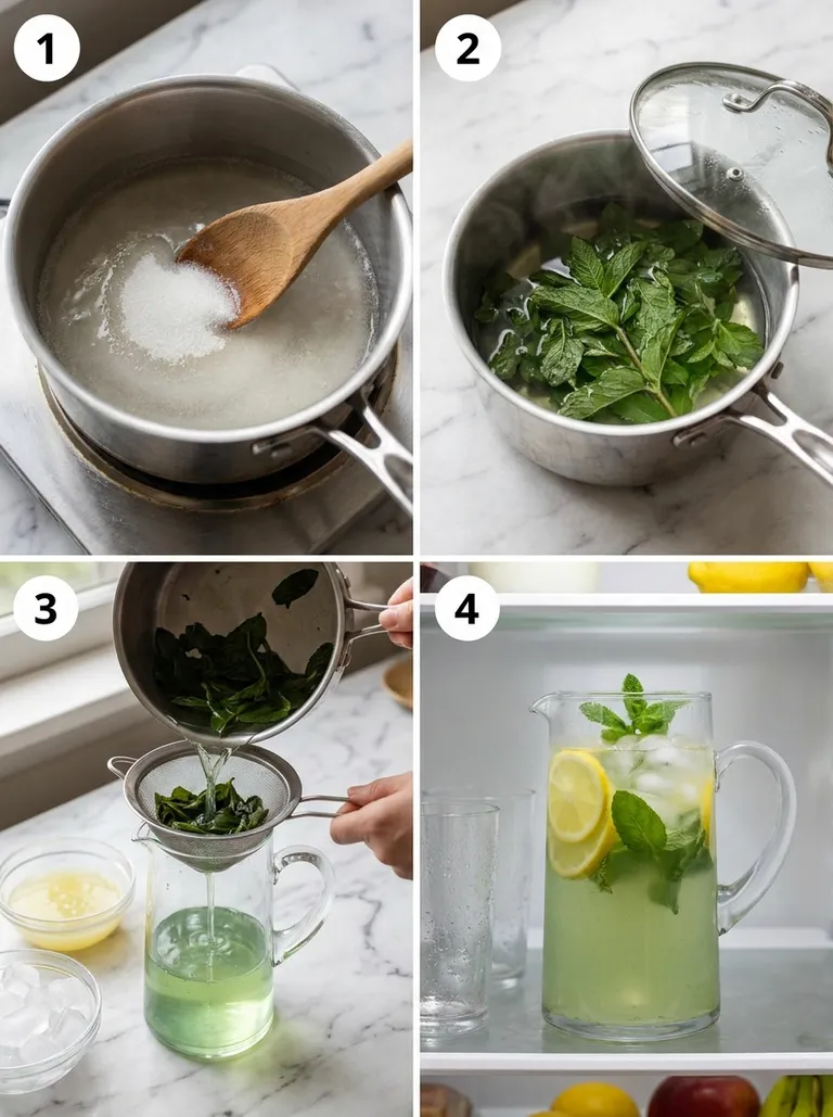 Four steps of making mint lemonade from syrup to pouring into a pitcher