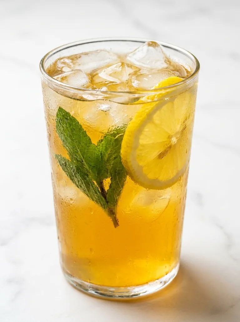 Close-up glass of mint lemonade with ice and lemon slice, condensation visible