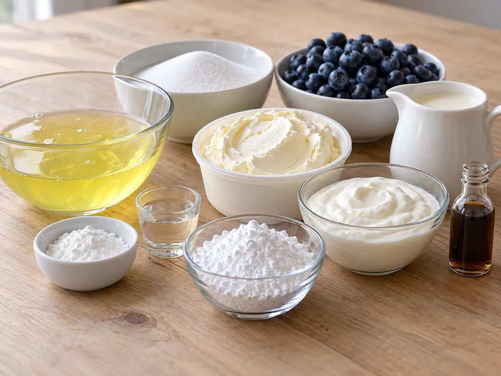 Składniki na roladę bezową z borówkami, mascarpone i jogurtem na jasnym blacie