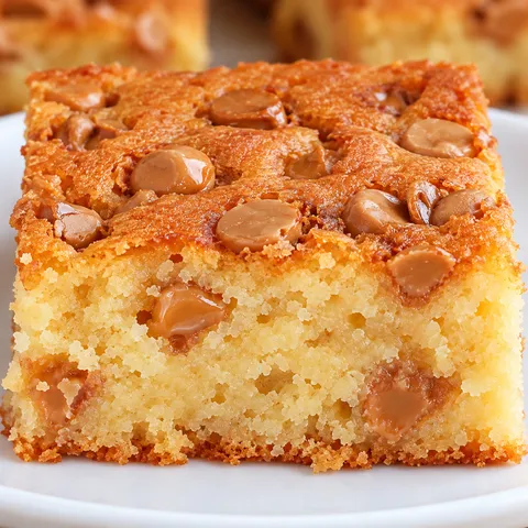Kwadratowy kawałek waniliowego blondie z kawałkami karmelowej czekolady na białym talerzu