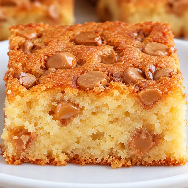 Kwadratowy kawałek waniliowego blondie z kawałkami karmelowej czekolady na białym talerzu