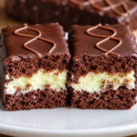 Chocolate-coated sponge cake bar cut in half showing lemon cream filling layers