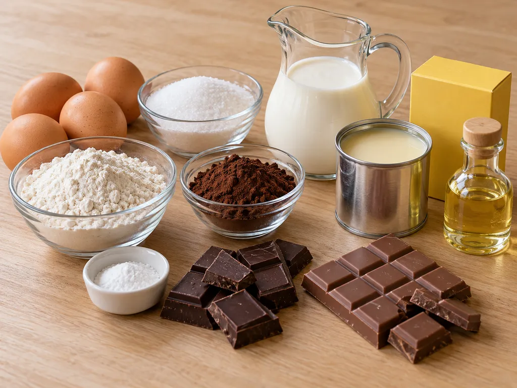 Raw ingredients for chocolate sponge bars with lemon cream and dark chocolate
