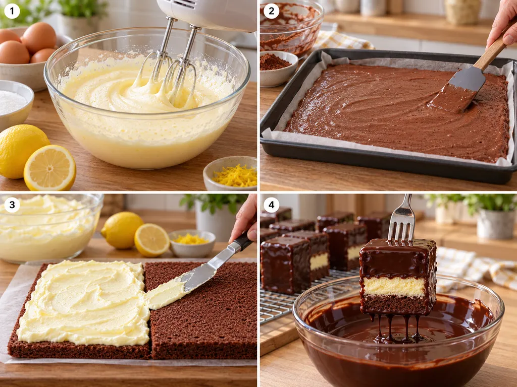 Four steps of making chocolate sponge bars from batter to chocolate dipping