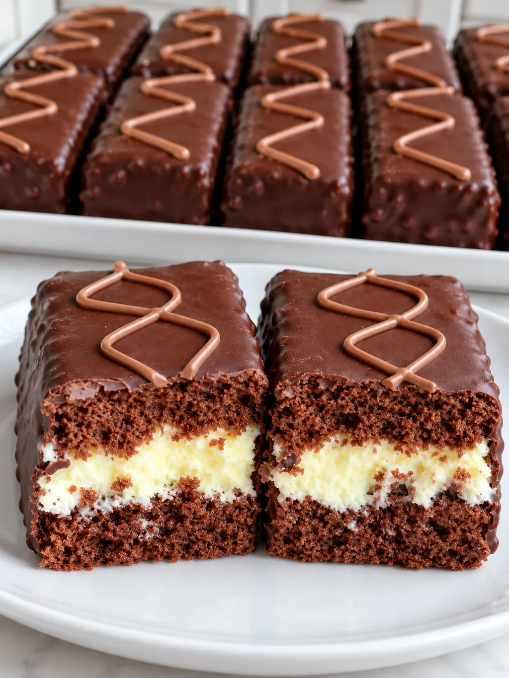 Tray of chocolate-coated sponge bars with one bar sliced showing cream layers