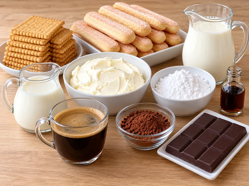 Surowe składniki na ciasto bez pieczenia z mascarpone: herbatniki, biszkopty, śmietanka i kakao