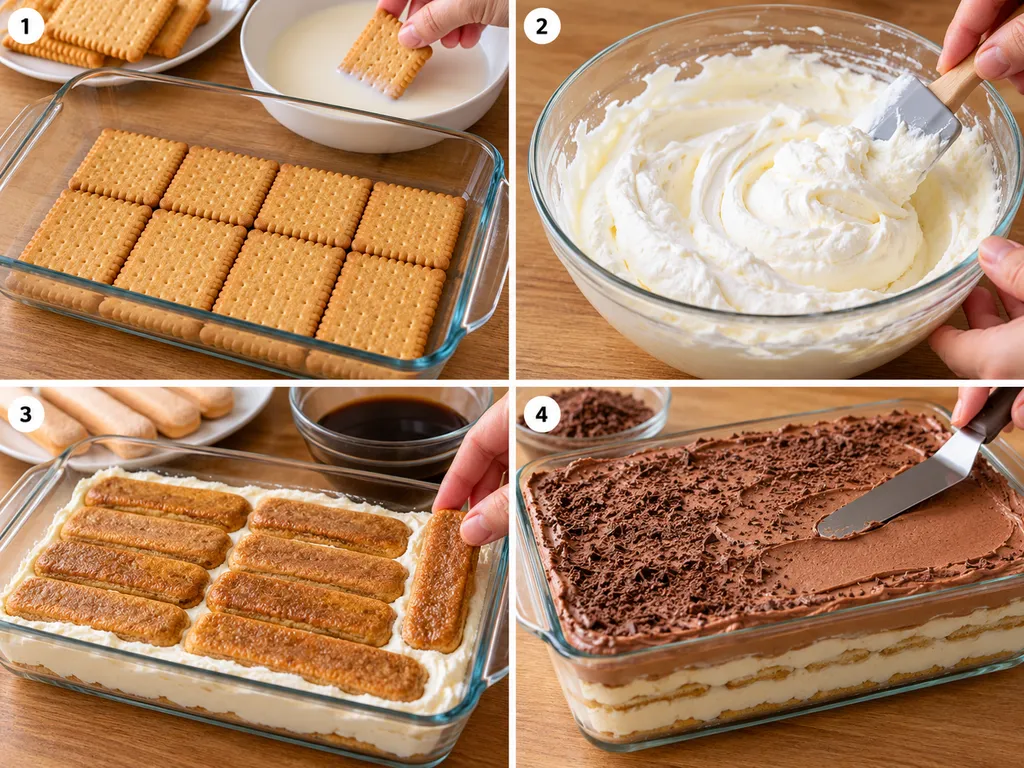 Cztery etapy przygotowania ciasta bez pieczenia z mascarpone i bitą śmietaną