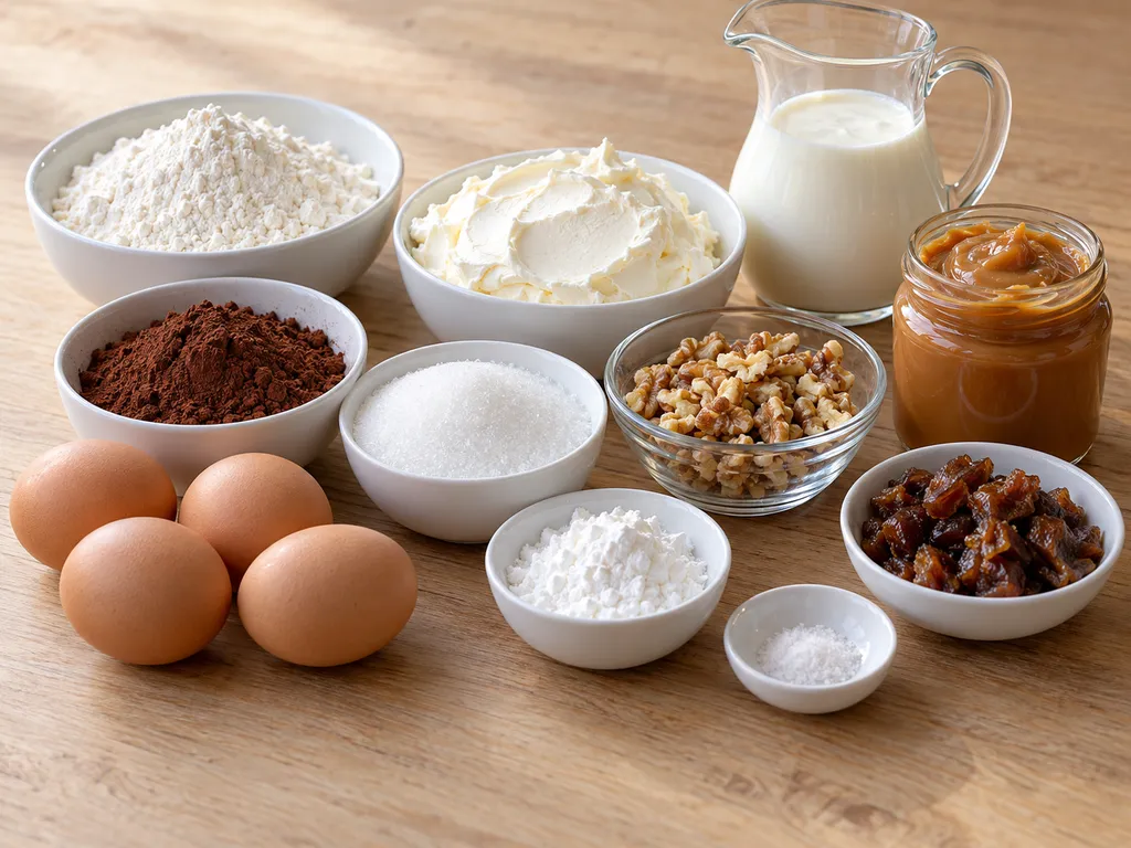 Surowe składniki na ciasto Dakłas: jajka, kakao, orzechy, mascarpone, kajmak i daktyle