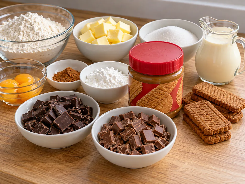Składniki na ciasto z kremem Lotus: mąka, masło, żółtka, pasta Biscoff i czekolada