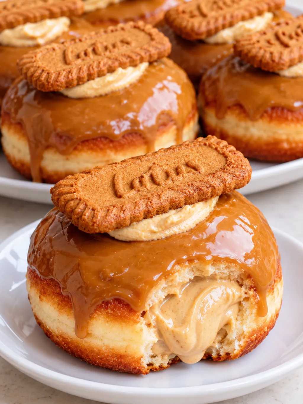 Pączki Lotus Biscoff na talerzu i na półmisku z kremem i polewą karmelową