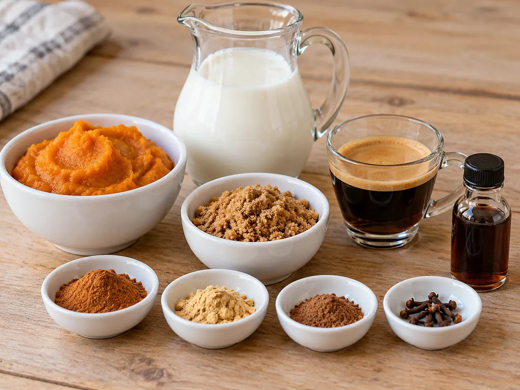 Składniki na pumpkin spice latte: przecier z dyni, mleko, espresso i przyprawy