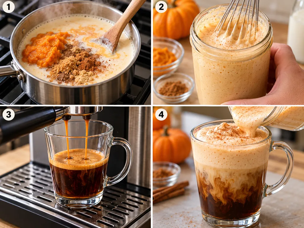 Cztery kroki przygotowania pumpkin spice latte od podgrzania mleka do spienienia