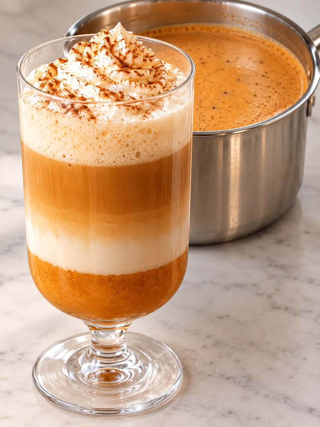 Pumpkin spice latte w szklanym kubku z rondelkiem mleka dyniowego w tle