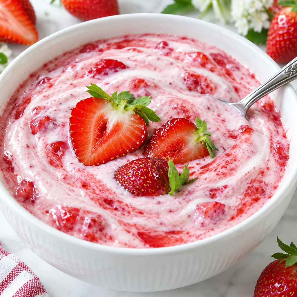 Domowy jogurt truskawkowy z kawałkami owoców w jasnej misce