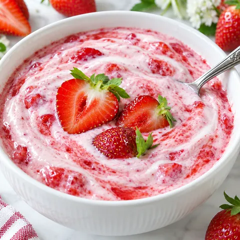 Domowy jogurt truskawkowy z kawałkami owoców w jasnej misce
