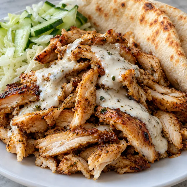 Pokrojony domowy kebab z kurczaka na talerzu z sosem czosnkowym i pitą