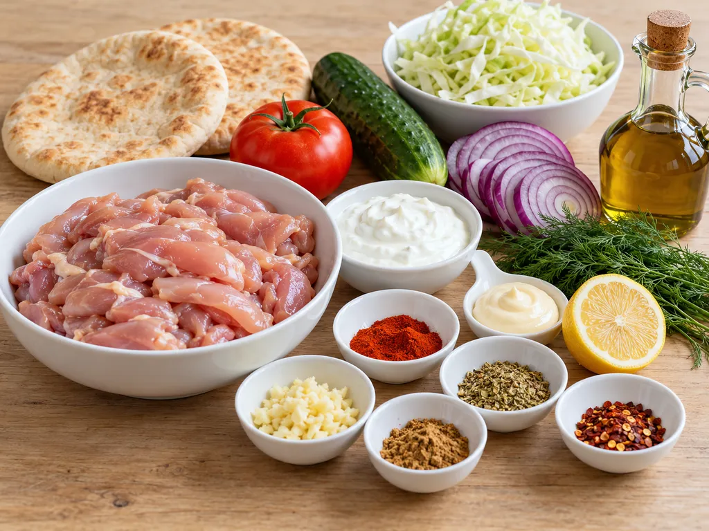 Surowe składniki na domowy kebab z kurczaka, przyprawy, cebula i sos czosnkowy