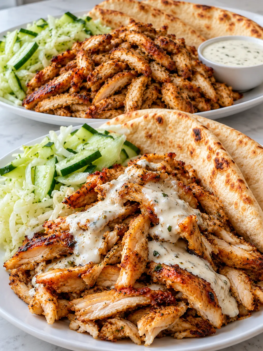 Pokrojony kebab z kurczaka w picie z sosem czosnkowym i surówką