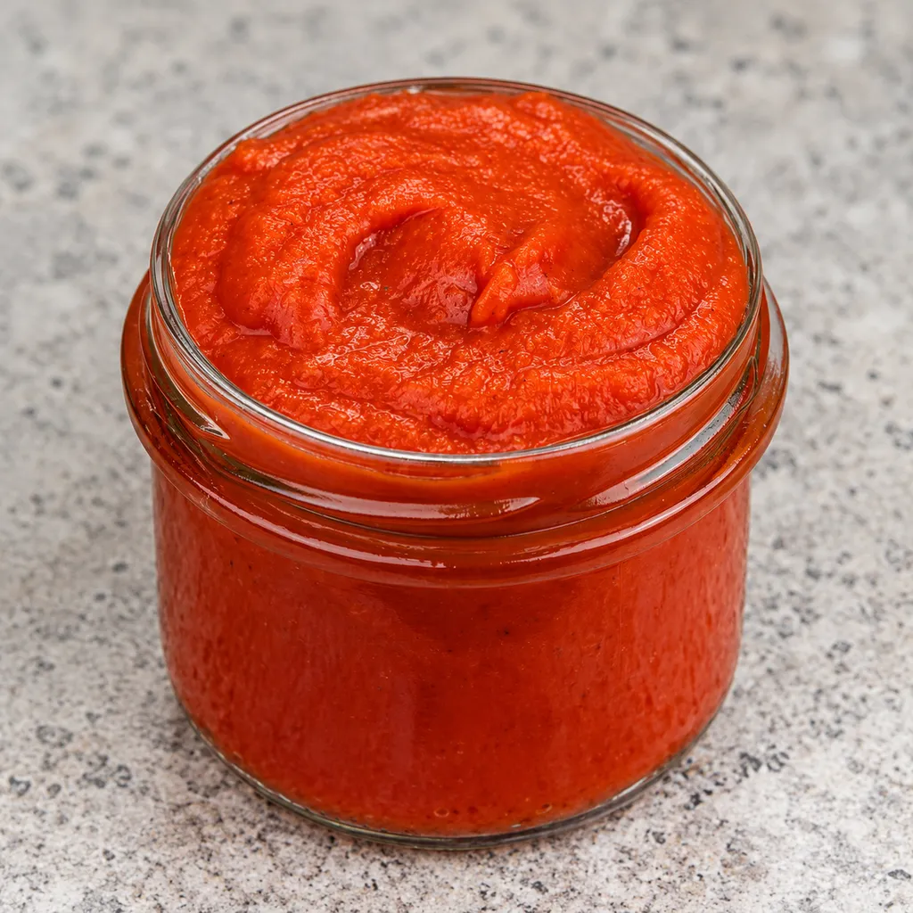 Gęsty domowy ketchup z pomidorów w otwartym słoiku