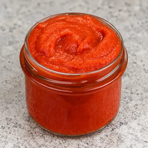 Gęsty domowy ketchup z pomidorów w otwartym słoiku