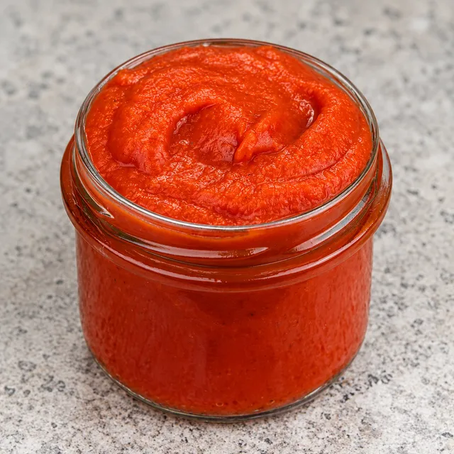 Gęsty domowy ketchup z pomidorów w otwartym słoiku