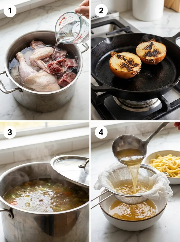 Four steps of making Polish chicken rosół from cold pot to ladling the broth