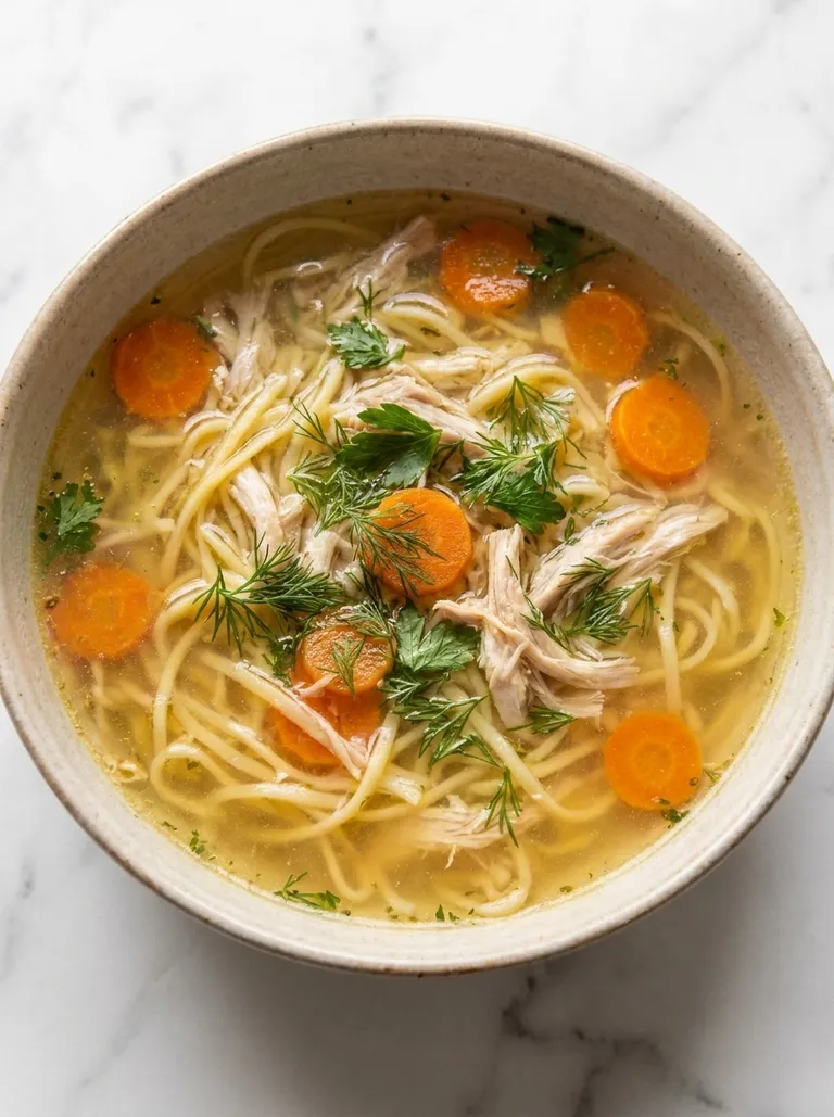 Top-down bowl of golden chicken broth with noodles, chicken and fresh dill