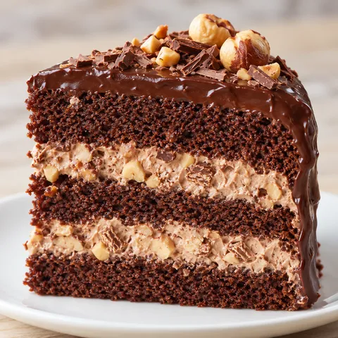 Pokrojony tort Ferrero Rocher z kremem orzechowym i czekoladową polewą