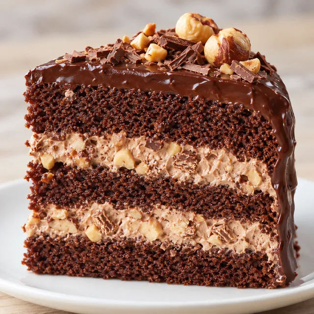 Pokrojony tort Ferrero Rocher z kremem orzechowym i czekoladową polewą