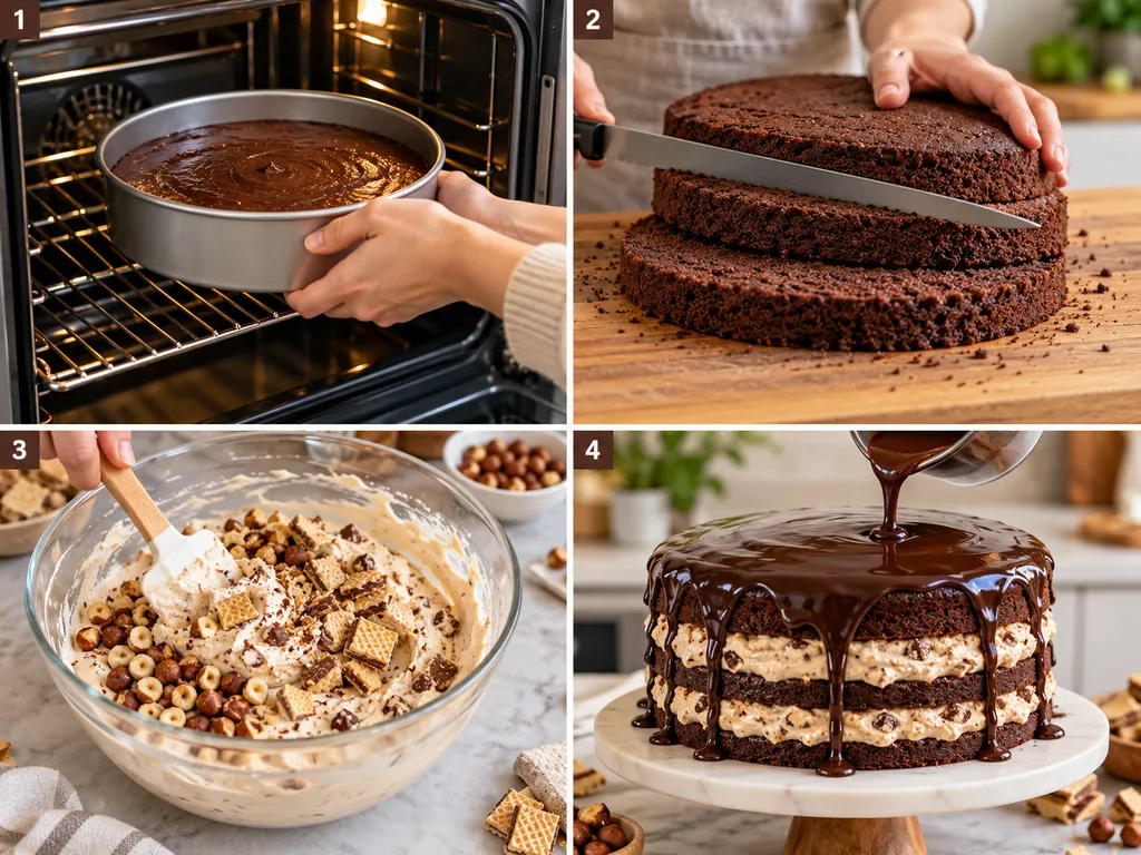Cztery etapy przygotowania tortu Ferrero Rocher od pieczenia do polewy