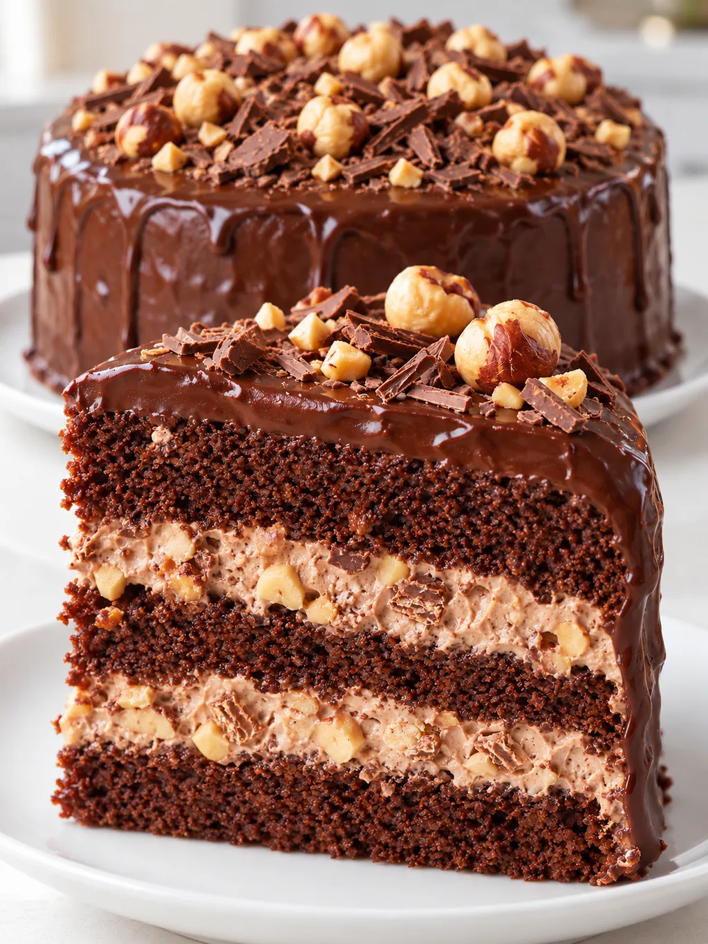 Cały tort Ferrero Rocher z kawałkiem na talerzu, widoczne warstwy kremu