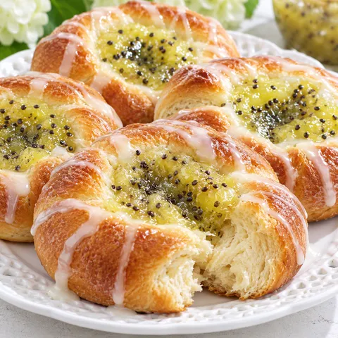 Drożdżowe gniazdka z kiwi z zielonym nadzieniem i cytrynowym lukrem